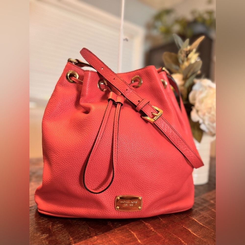 Michael Kors Watermelon Leather Drawstring Shoulder Purse Pink